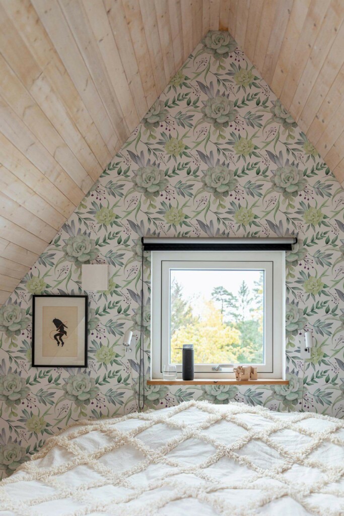Light farmhouse style bedroom decorated with Watercolor Succulents peel and stick wallpaper