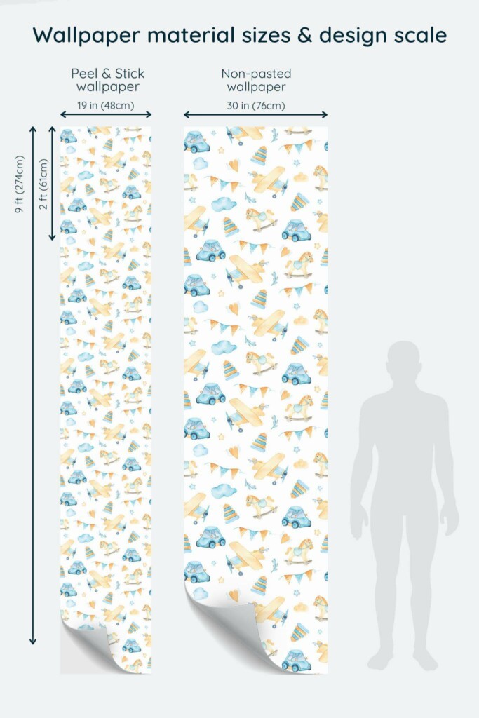 Size comparison of Watercolor toy Peel & Stick and Non-pasted wallpapers with design scale relative to human figure