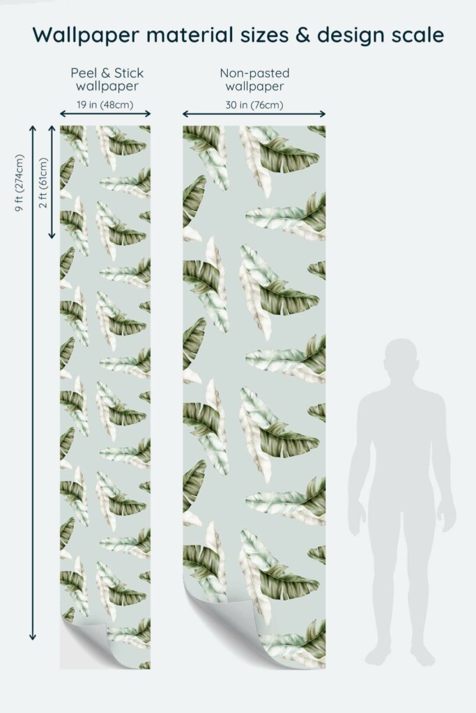 Size comparison of Watercolor tropical leaf Peel & Stick and Non-pasted wallpapers with design scale relative to human figure