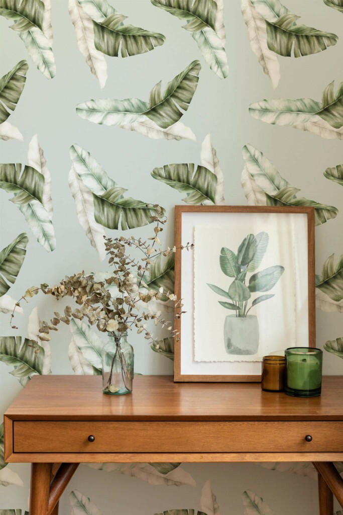 Mid-century modern style living room decorated with Watercolor tropical peel and stick wallpaper