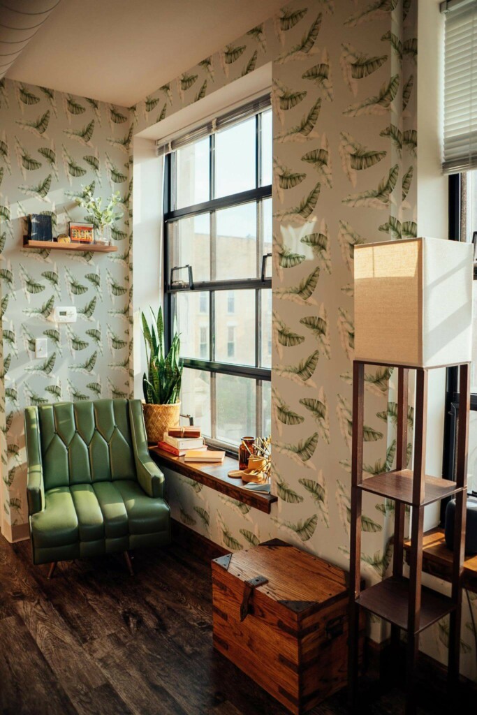 Mid-century style living room decorated with Watercolor tropical peel and stick wallpaper