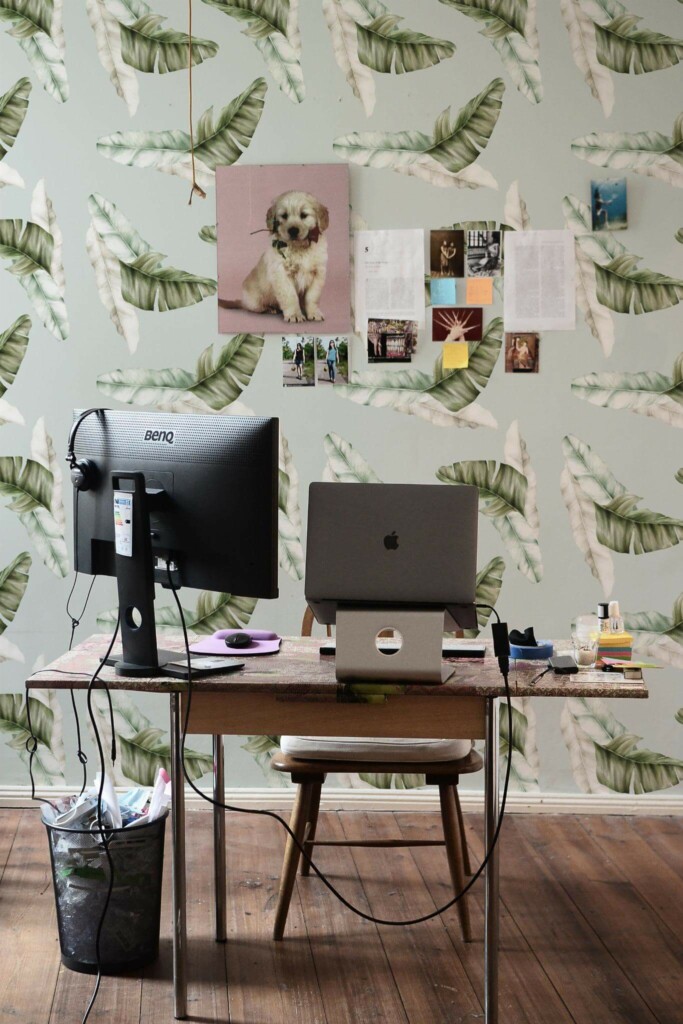Rustic Farmhouse style home office decorated with Watercolor tropical peel and stick wallpaper