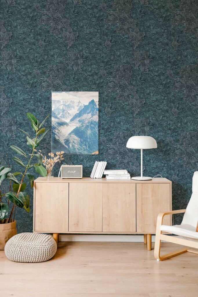 Scandinavian style living room decorated with Wave chinoiserie peel and stick wallpaper