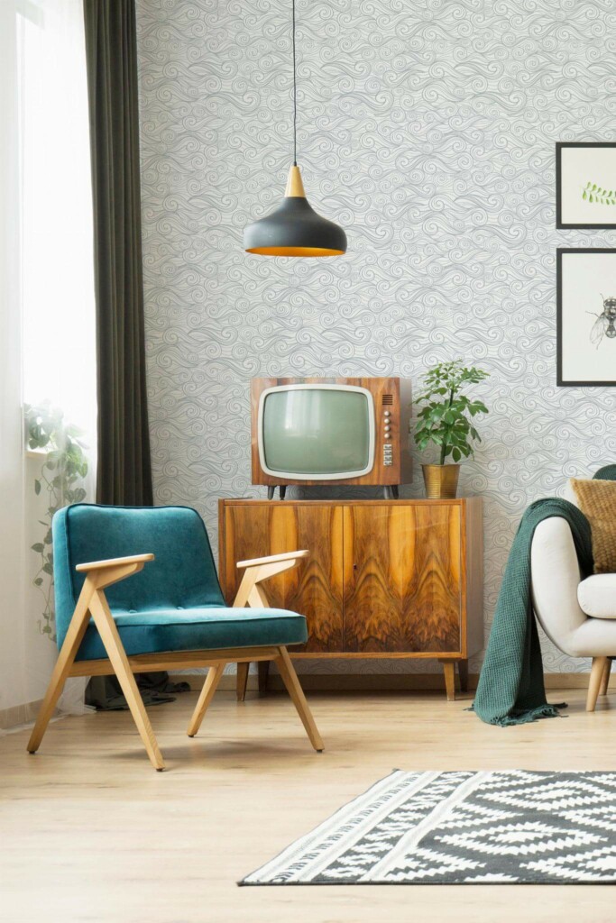 Mid-century modern style living room decorated with Wave swirl peel and stick wallpaper