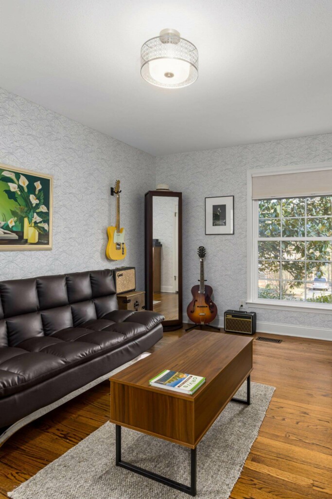 Mid-century style living room decorated with Wave swirl peel and stick wallpaper and music instruments