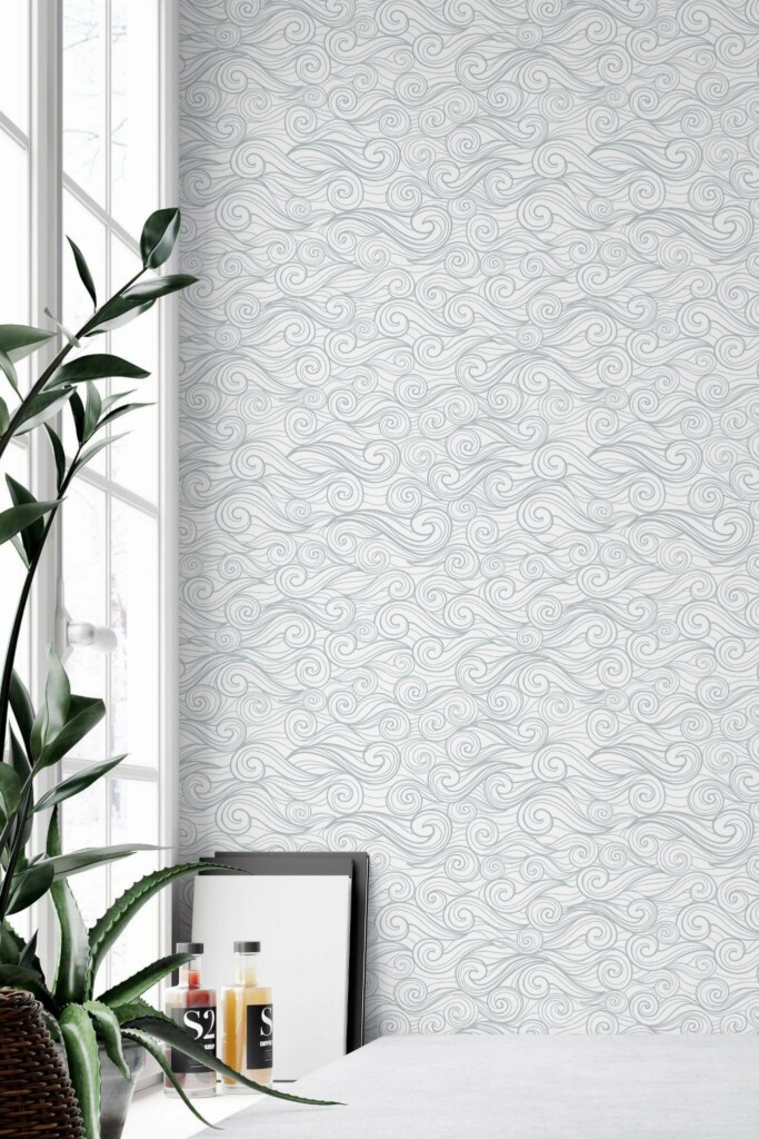 Minimal style home office decorated with Wave swirl peel and stick wallpaper
