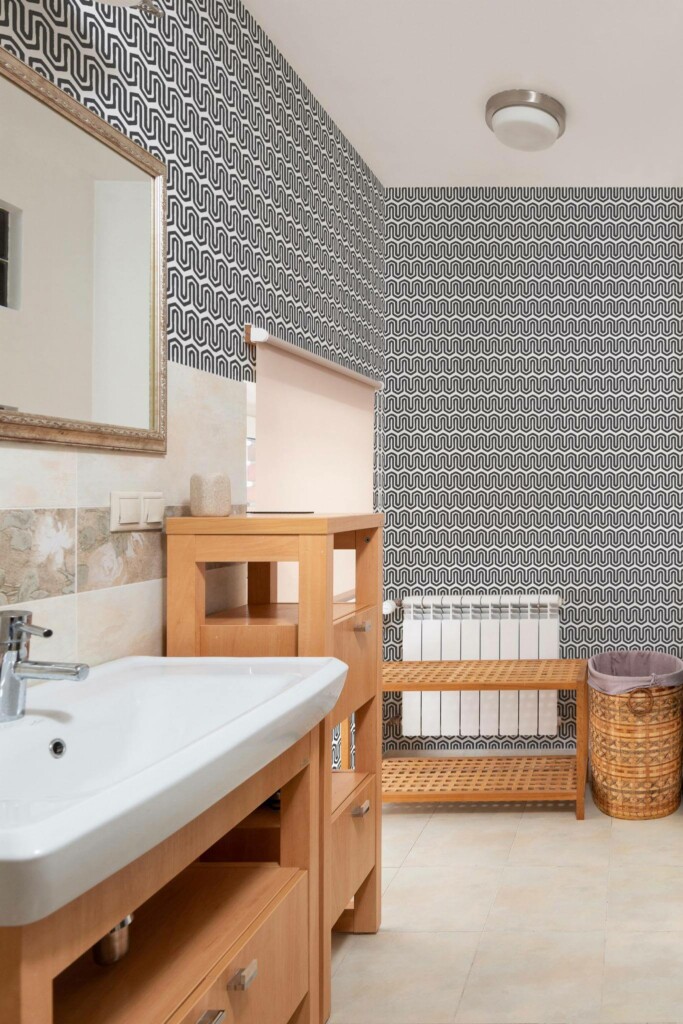 Mid-century modern style bathroom decorated with Wavy geometric peel and stick wallpaper