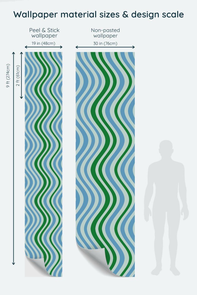 Size comparison of Wavy line Peel & Stick and Non-pasted wallpapers with design scale relative to human figure