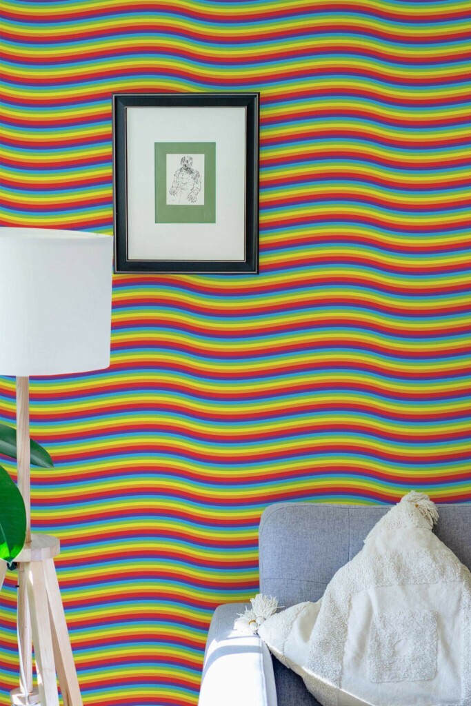 Eastern European style living room decorated with Wavy rainbow peel and stick wallpaper