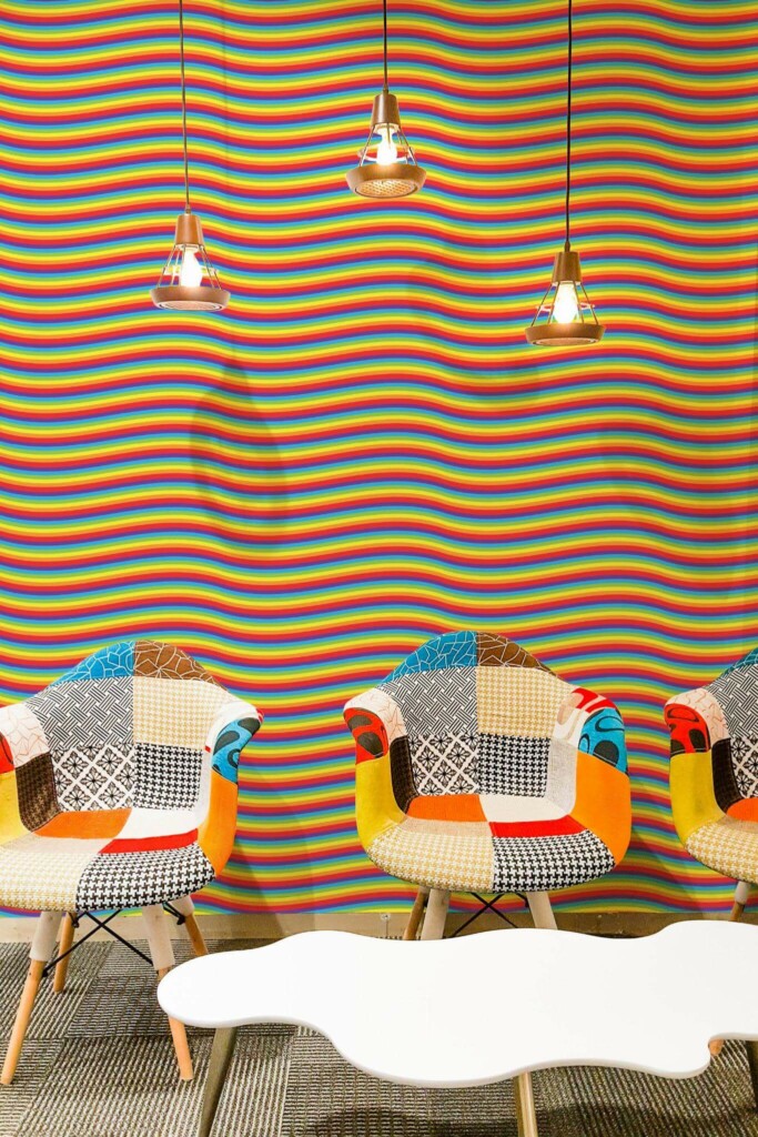 Mid-century modern style living room decorated with Wavy rainbow peel and stick wallpaper