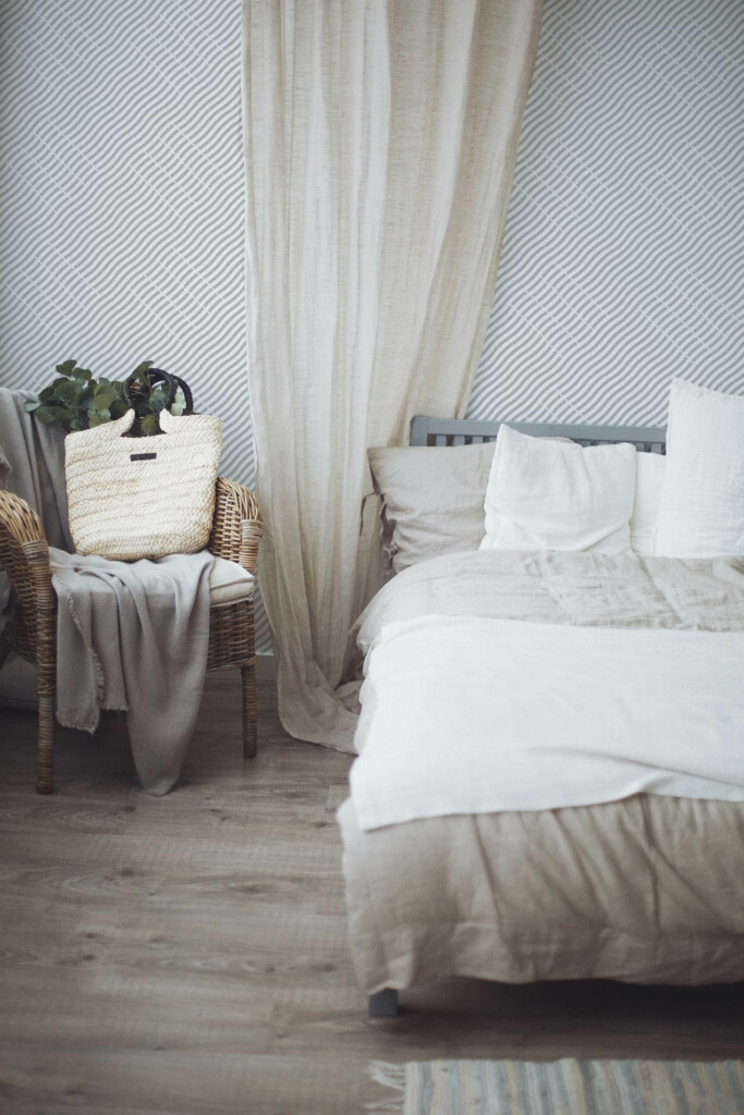 Boho style bedroom decorated with Wavy stripe pattern peel and stick wallpaper