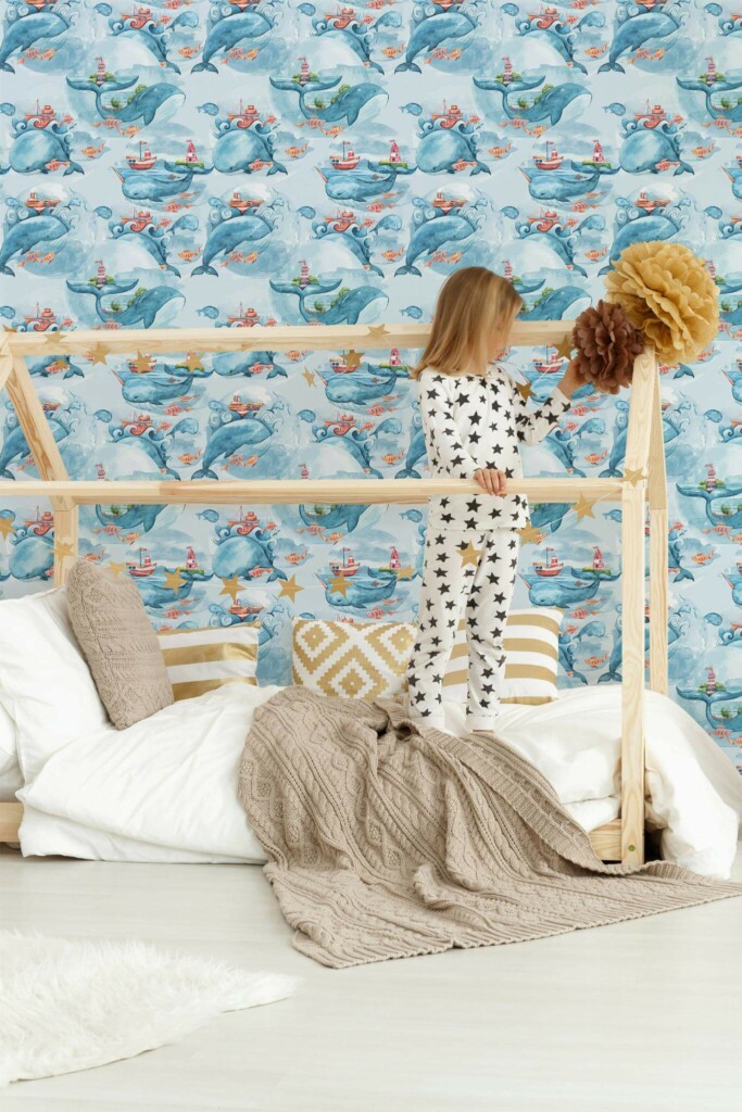 Bohemian style kids room decorated with Whale nursery peel and stick wallpaper