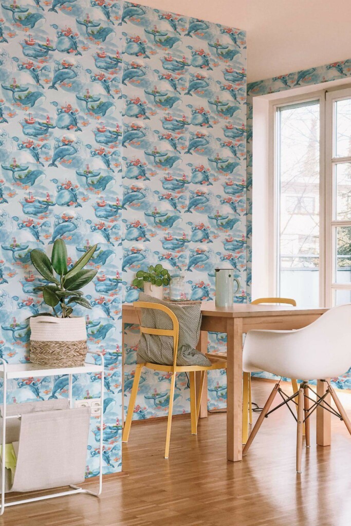 Minimal scandinavian style dining room decorated with Whale nursery peel and stick wallpaper