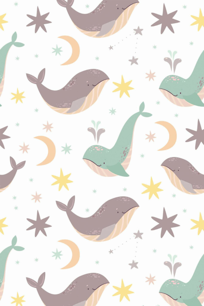 Pattern repeat of Whales colorful removable wallpaper design