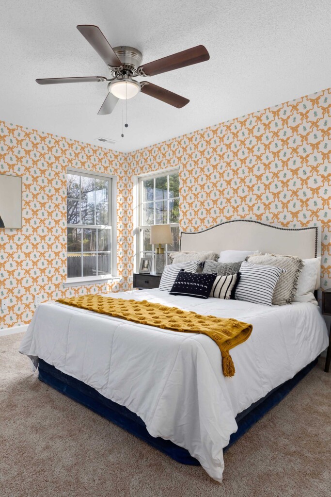 Fancy Walls peel and stick wallpaper with beige floral bow design