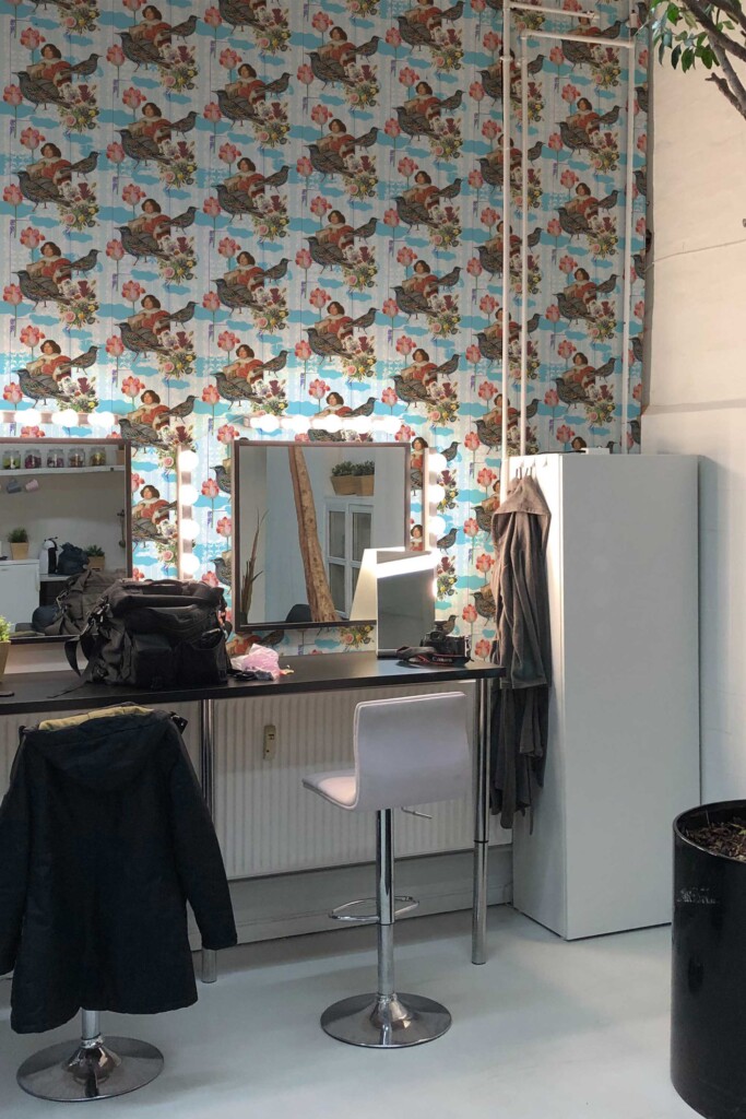 Whimsical Blue Chateau wallpaper peel and stick or non-pasted. Fancy Walls self-adhesive or traditional vintage damask backgraound wallpapers with painted, floral and bird elements. For living room, dining and other creative spaces