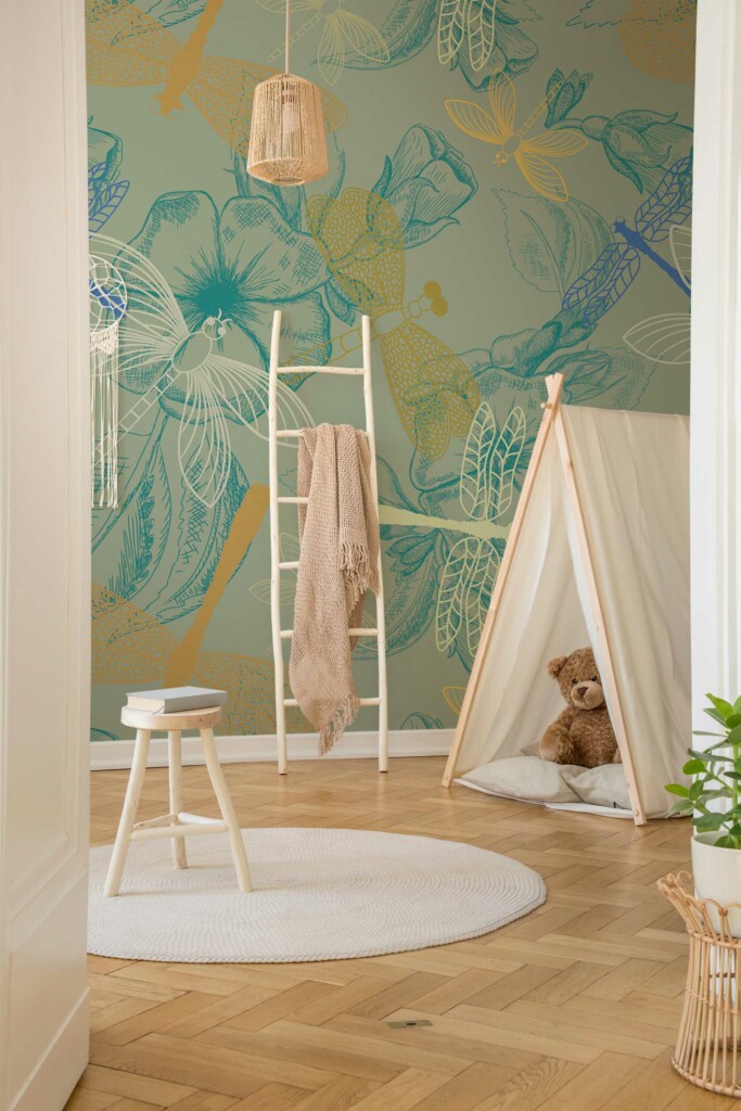 Whimsical Green Dragonfly Dance wall paper mural from Fancy Walls