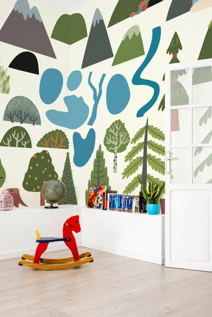Fancy Walls peel and stick wall murals featuring colorful mountains and trees