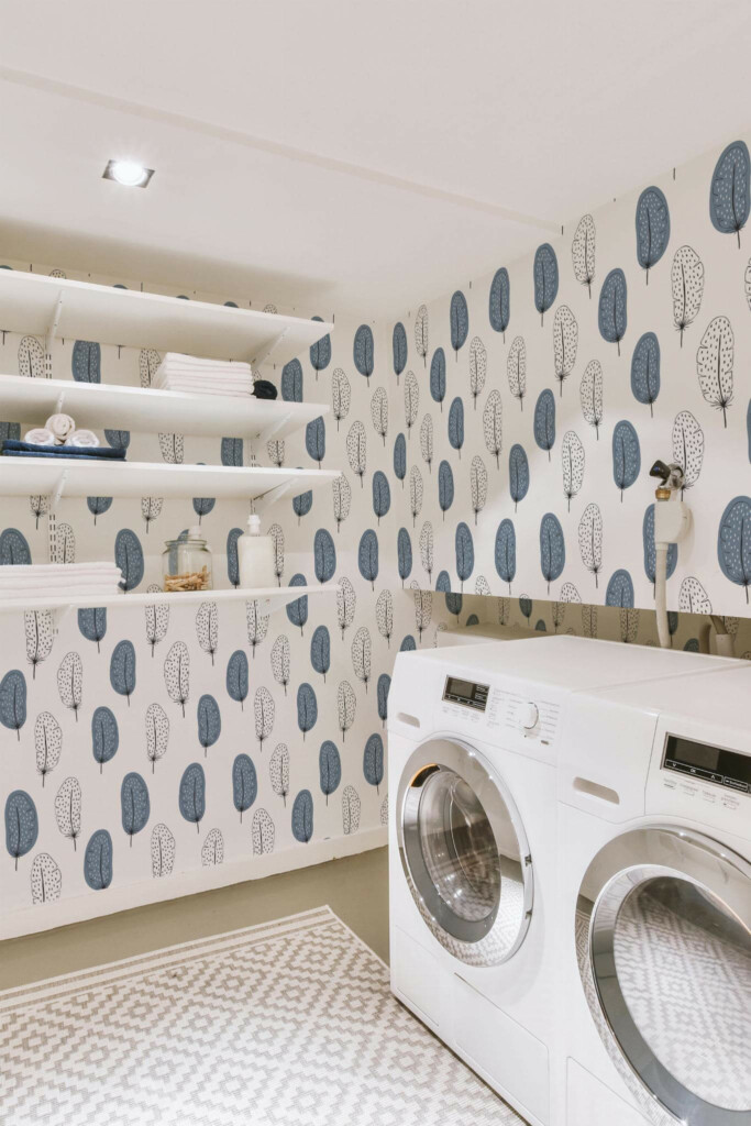 Minimal style laundry room decorated with White and blue feather peel and stick wallpaper