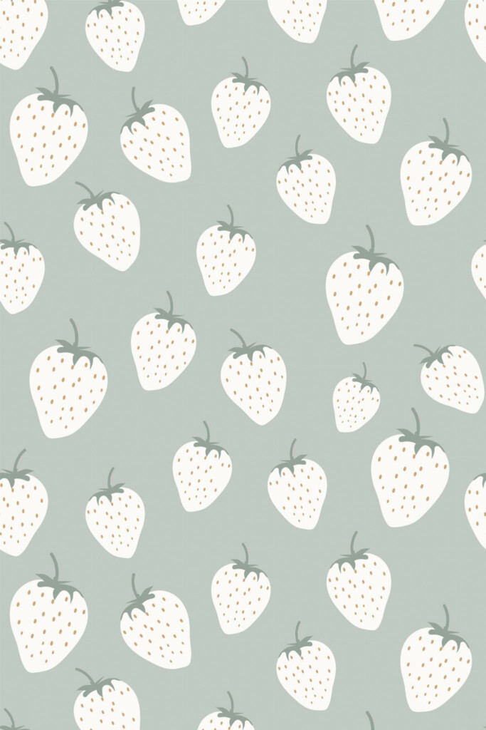 Pattern repeat of White and green strawberry removable wallpaper design