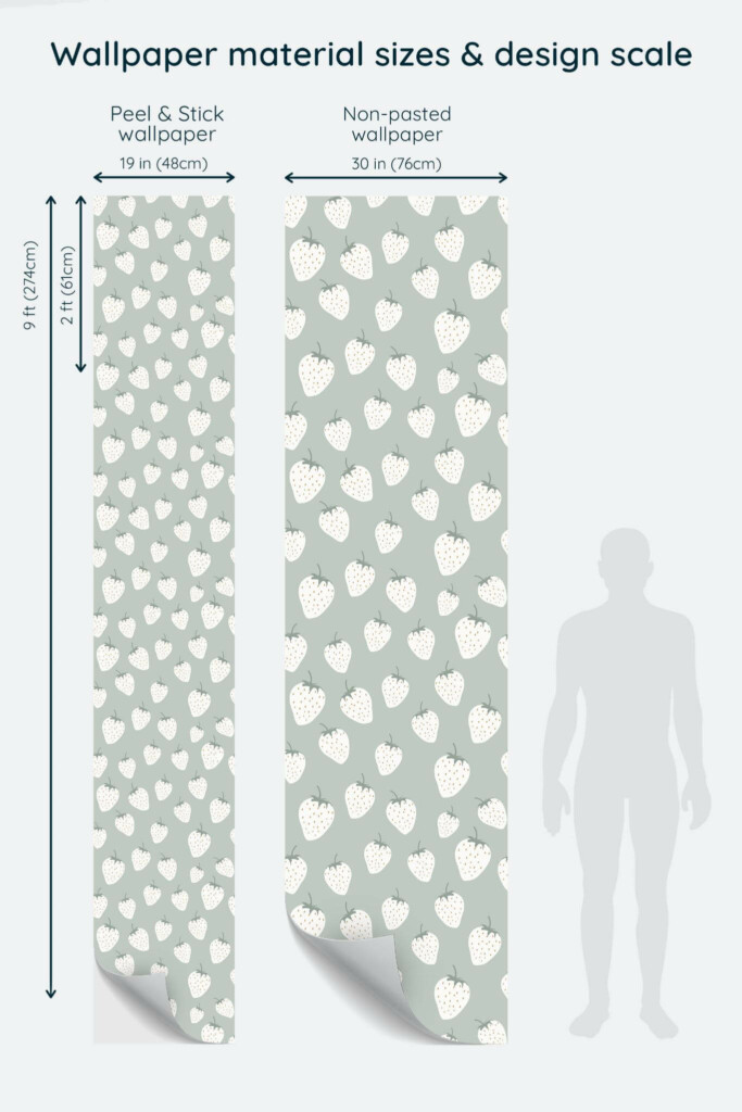 Size comparison of White and green strawberry Peel & Stick and Non-pasted wallpapers with design scale relative to human figure