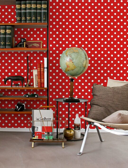 Retro red and white polka dot stick on wallpaper