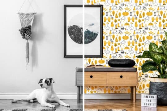 white and yellow stick and peel wallpaper
