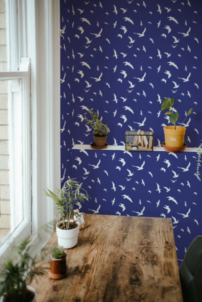 Farmhouse style home office decorated with White birds peel and stick wallpaper