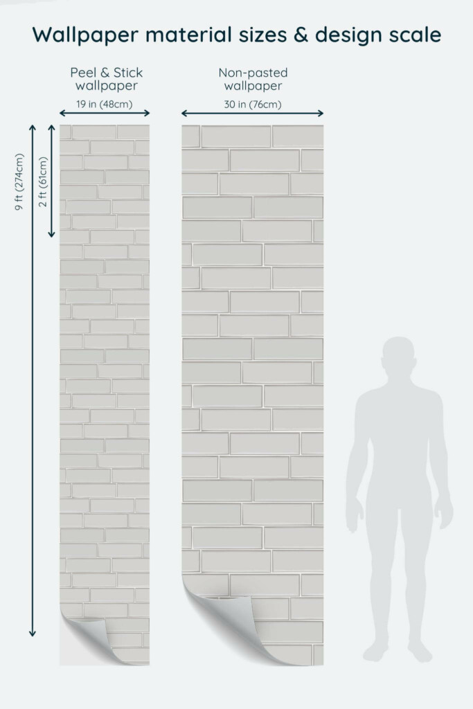 Size comparison of White brick Peel & Stick and Non-pasted wallpapers with design scale relative to human figure