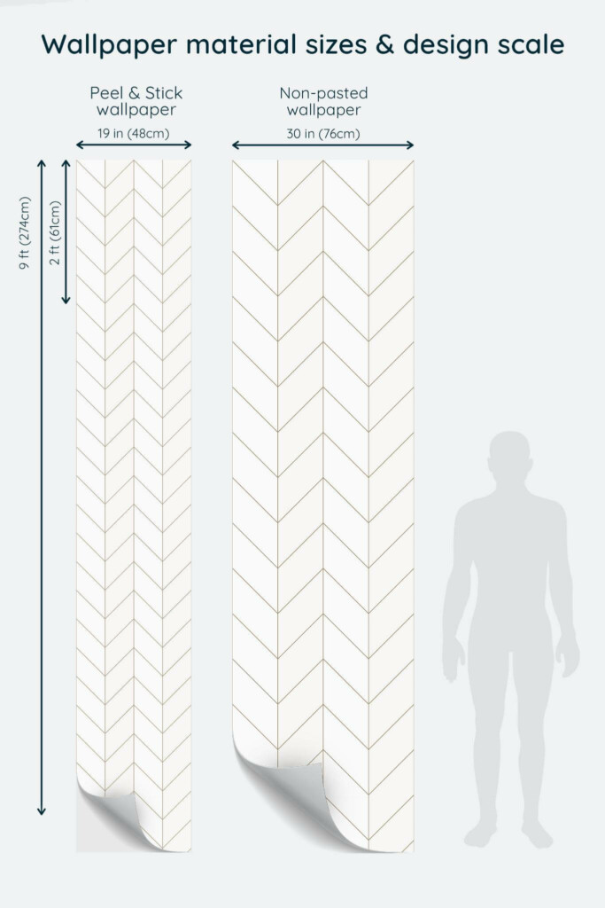 Size comparison of White chevron Peel & Stick and Non-pasted wallpapers with design scale relative to human figure