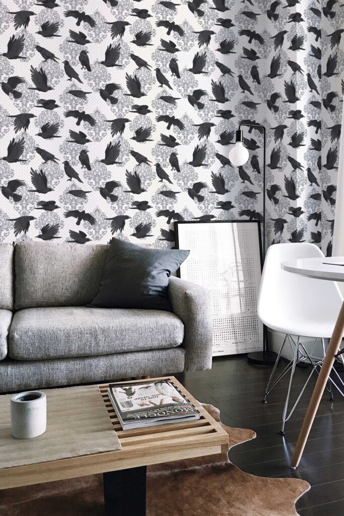 Traditional wallpaper with gothic ravens and damask flourishes by Fancy Walls