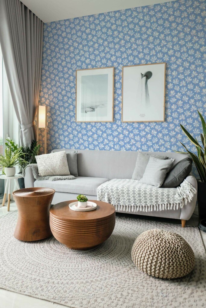 Modern scandinavian style living room decorated with White floral peel and stick wallpaper and green plants