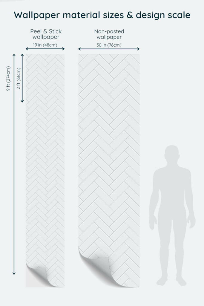Size comparison of White herringbone tile Peel & Stick and Non-pasted wallpapers with design scale relative to human figure