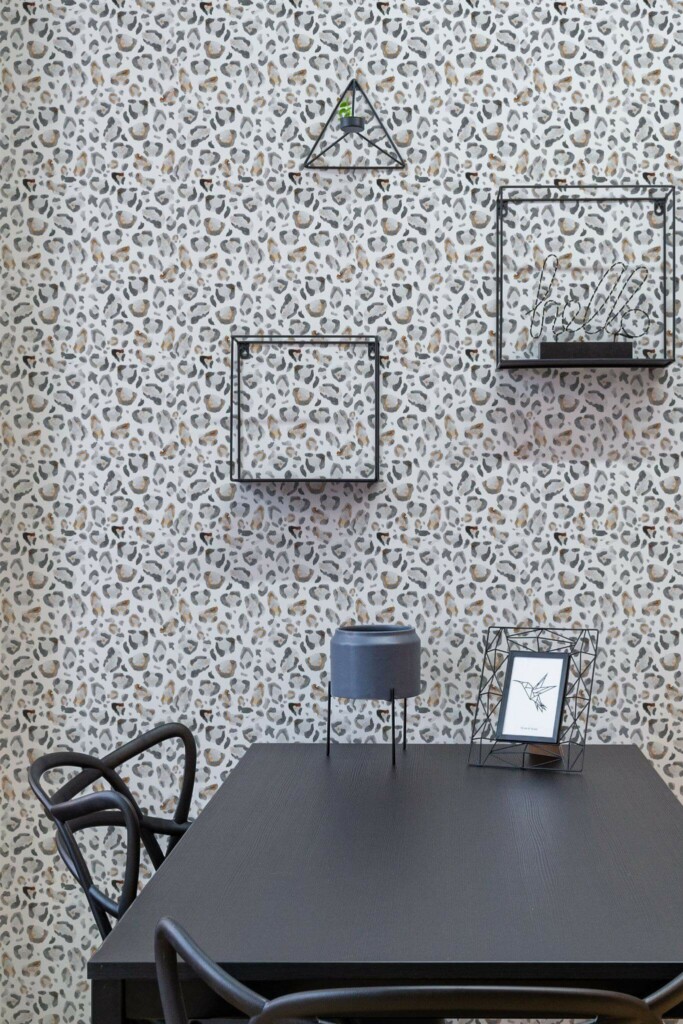 Industrial modern style dining room decorated with White leopard pattern peel and stick wallpaper