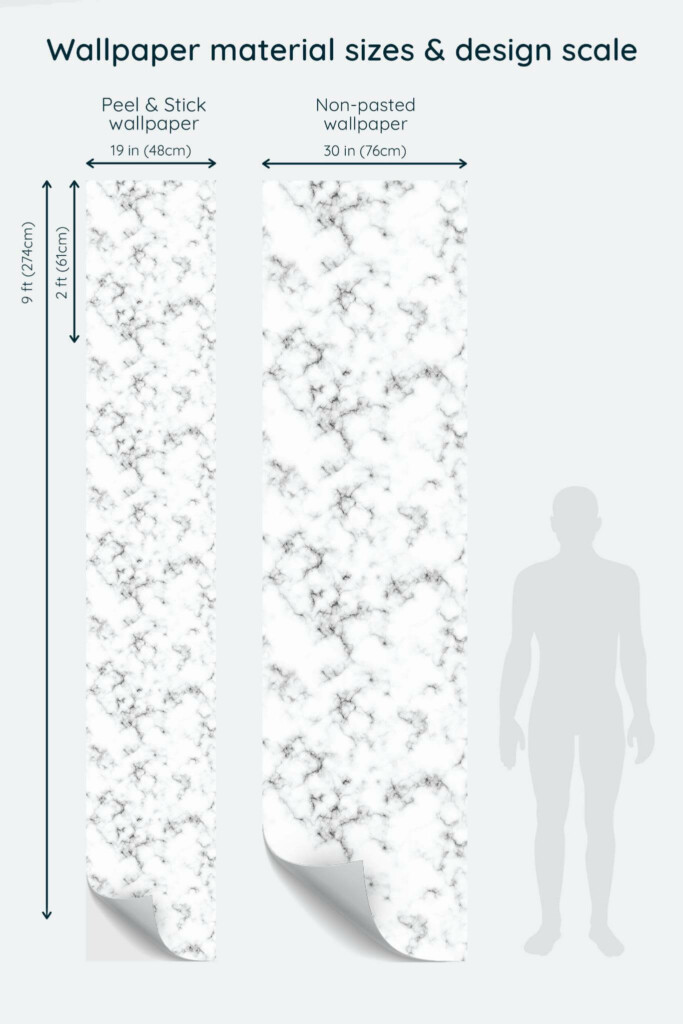 Size comparison of White marble Peel & Stick and Non-pasted wallpapers with design scale relative to human figure