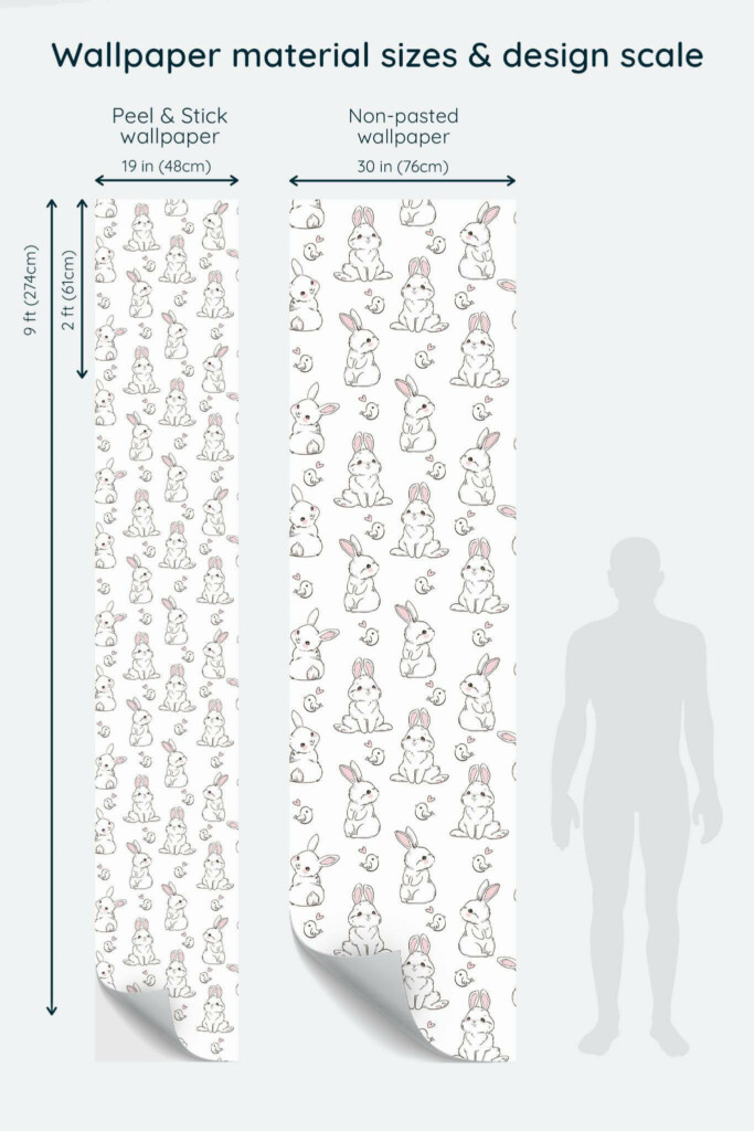 Size comparison of White rabbit Peel & Stick and Non-pasted wallpapers with design scale relative to human figure
