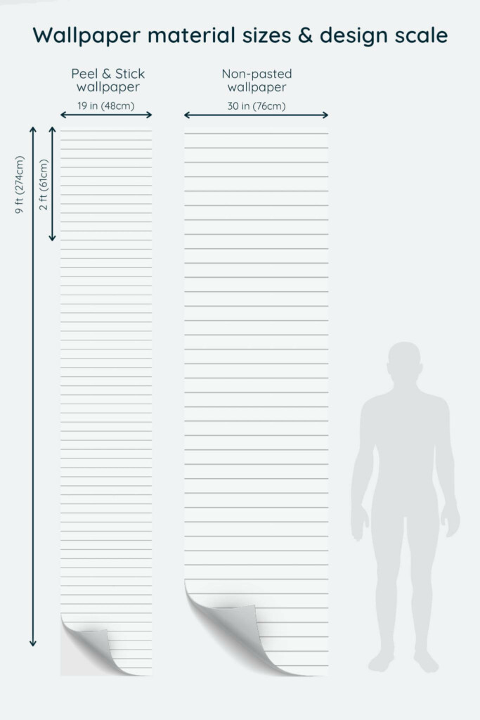 Size comparison of White striped Peel & Stick and Non-pasted wallpapers with design scale relative to human figure