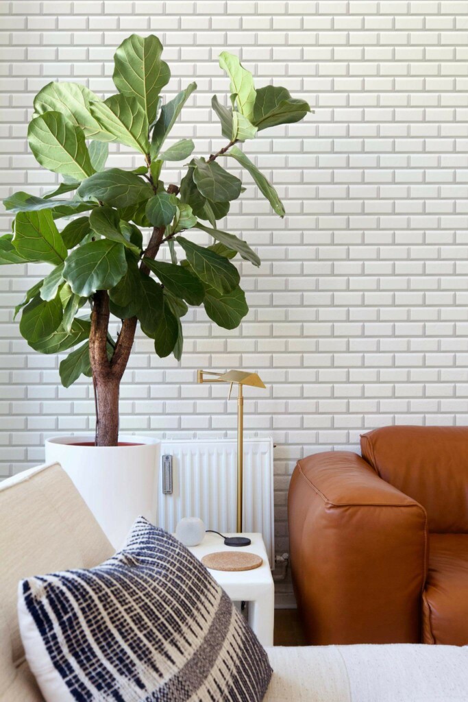 Mid-century style living room decorated with White subway tile peel and stick wallpaper