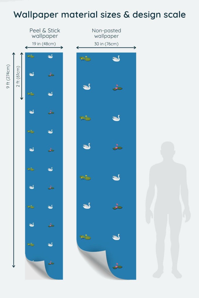 Size comparison of White swans Peel & Stick and Non-pasted wallpapers with design scale relative to human figure