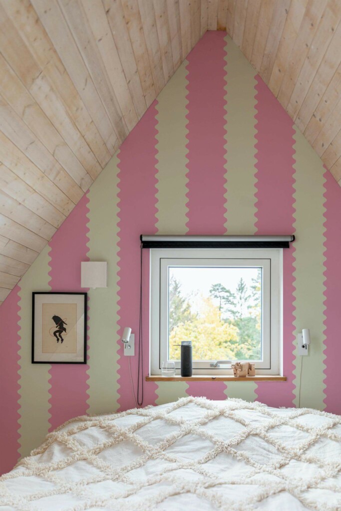 Light farmhouse style bedroom decorated with Wiggles peel and stick wallpaper