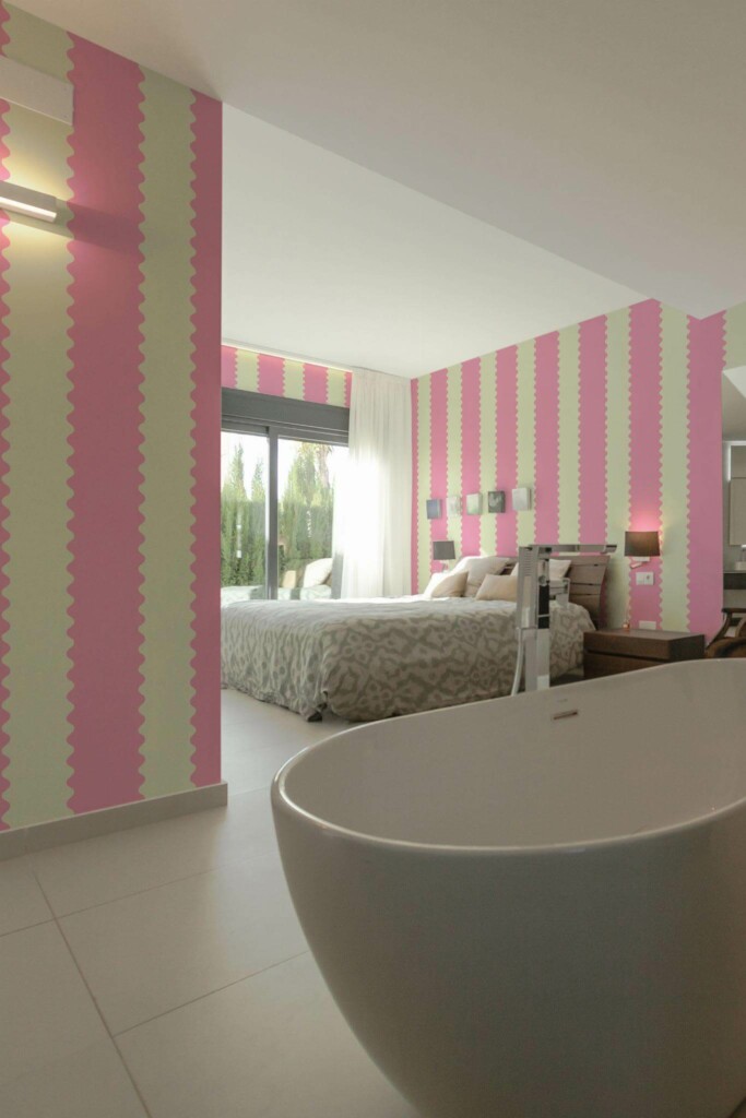 Modern style bedroom with open bathroom decorated with Wiggles peel and stick wallpaper
