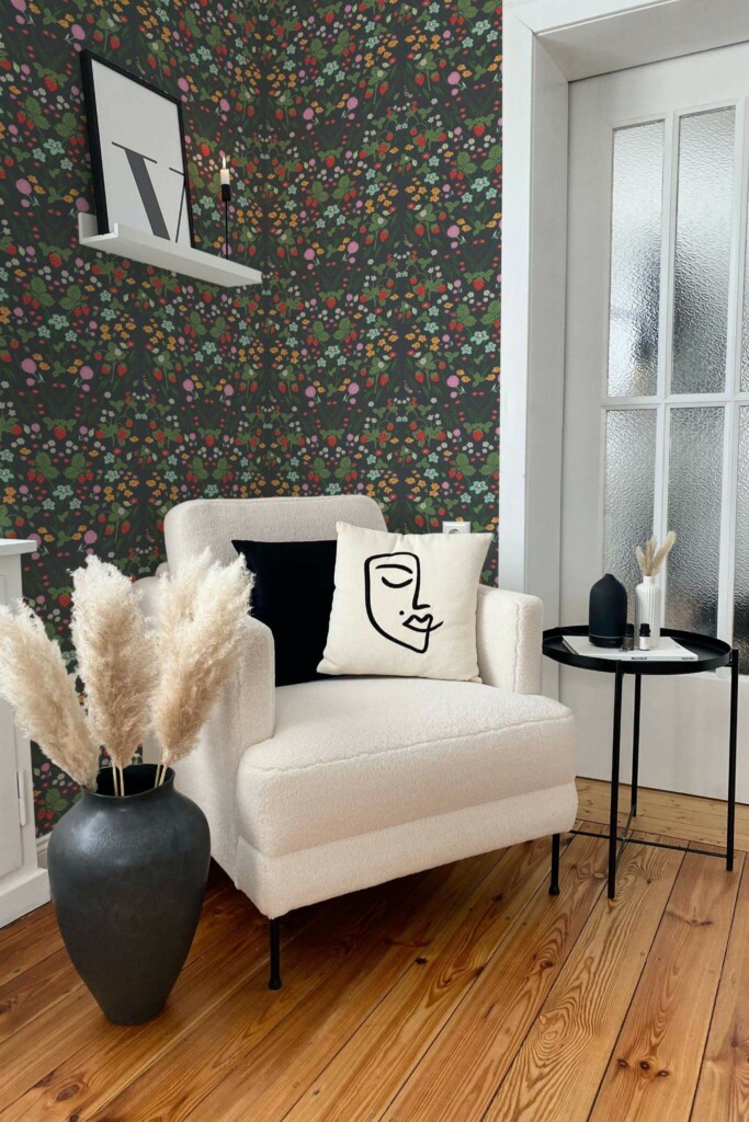 Modern boho style living room decorated with Wildwood peel and stick wallpaper