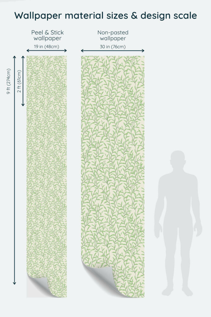 Size comparison of Willow Branch Greenery Peel & Stick and Non-pasted wallpapers with design scale relative to human figure