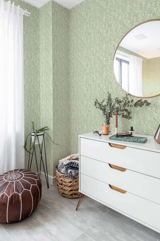 Scandinavian style bedroom decorated with Willow branch peel and stick wallpaper and Mediterranean accents
