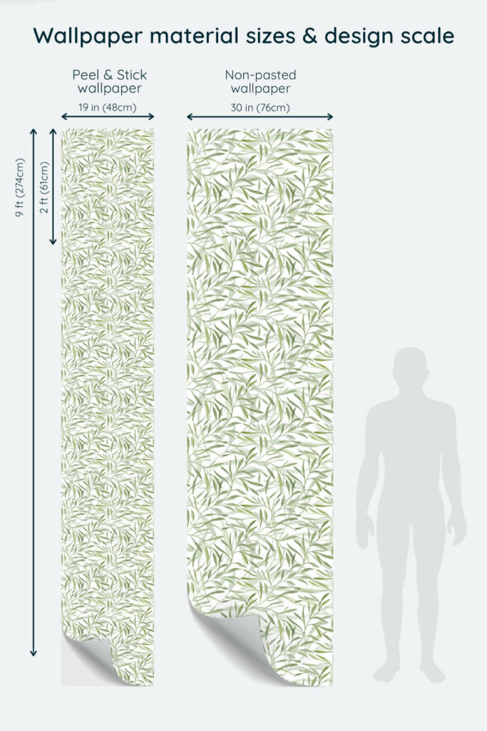 Size comparison of Willow Peel & Stick and Non-pasted wallpapers with design scale relative to human figure
