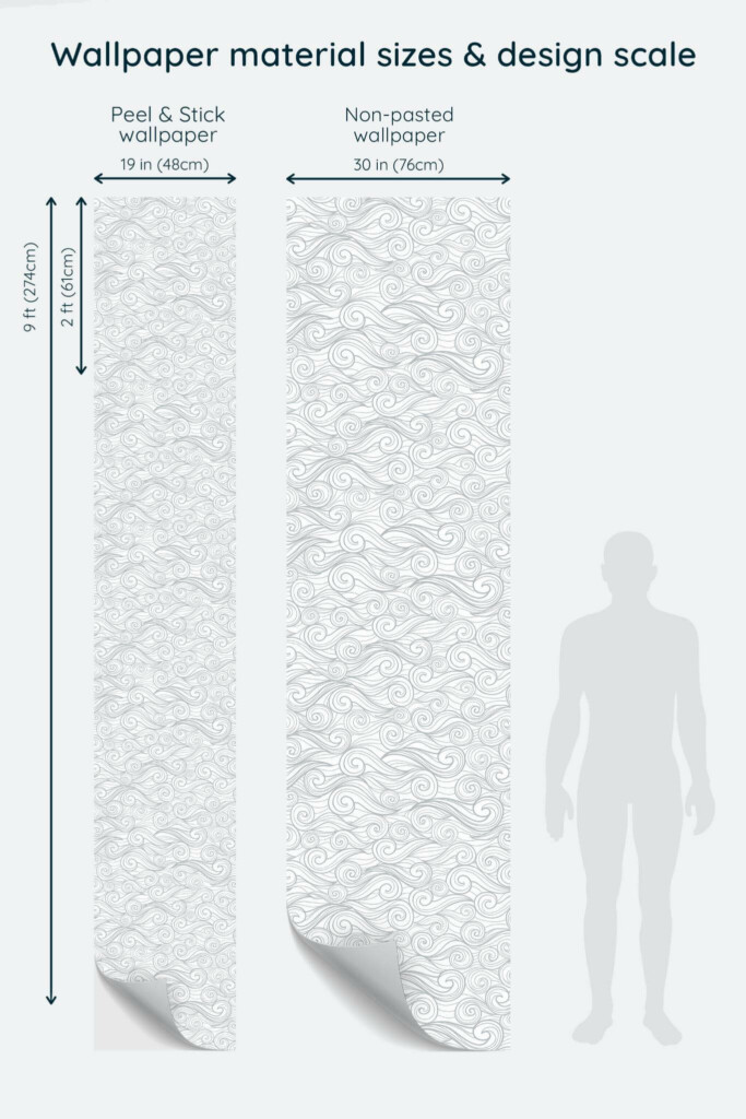 Size comparison of Wind Peel & Stick and Non-pasted wallpapers with design scale relative to human figure