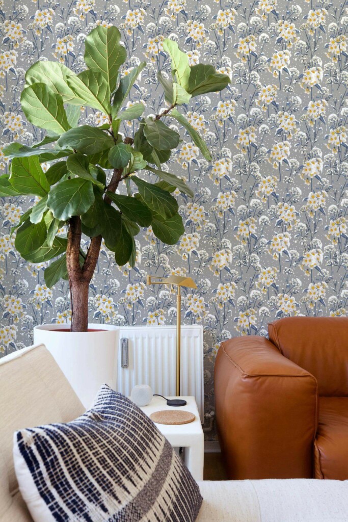 Mid-century style living room decorated with Winter floral peel and stick wallpaper