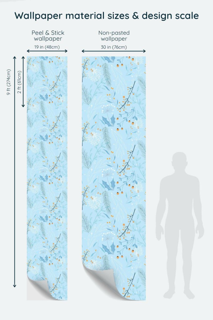 Size comparison of Winter floral Peel & Stick and Non-pasted wallpapers with design scale relative to human figure