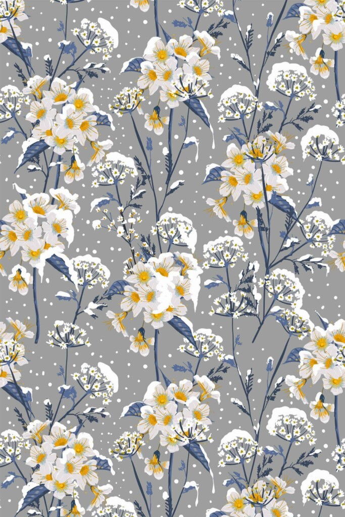 Pattern repeat of Winter flowers removable wallpaper design