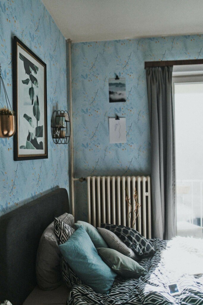Dark scandinavian style bedroom decorated with Winter flowers peel and stick wallpaper
